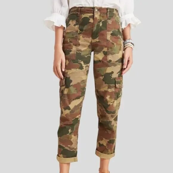 Anthropologie Women's Camo Cargo Straight‎ Leg Linen Blend Pants Size 27 - Picture 1 of 5